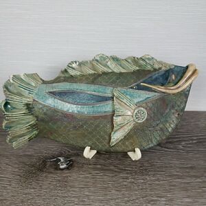 Fish Wall Hanging Studio Art Pottery Signed Texture Green Flaw